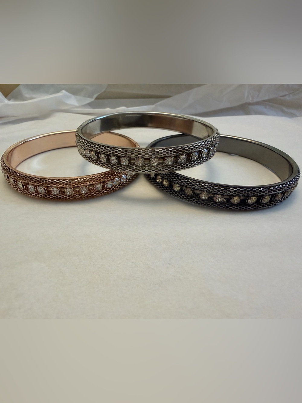 Crystal-Accent Trio Metal Bangle Bracelet - Silver, Rose Gold, Gunmetal